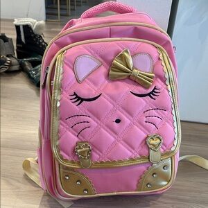 Kids Pink Cat Quilted Backpack with Gold Accents